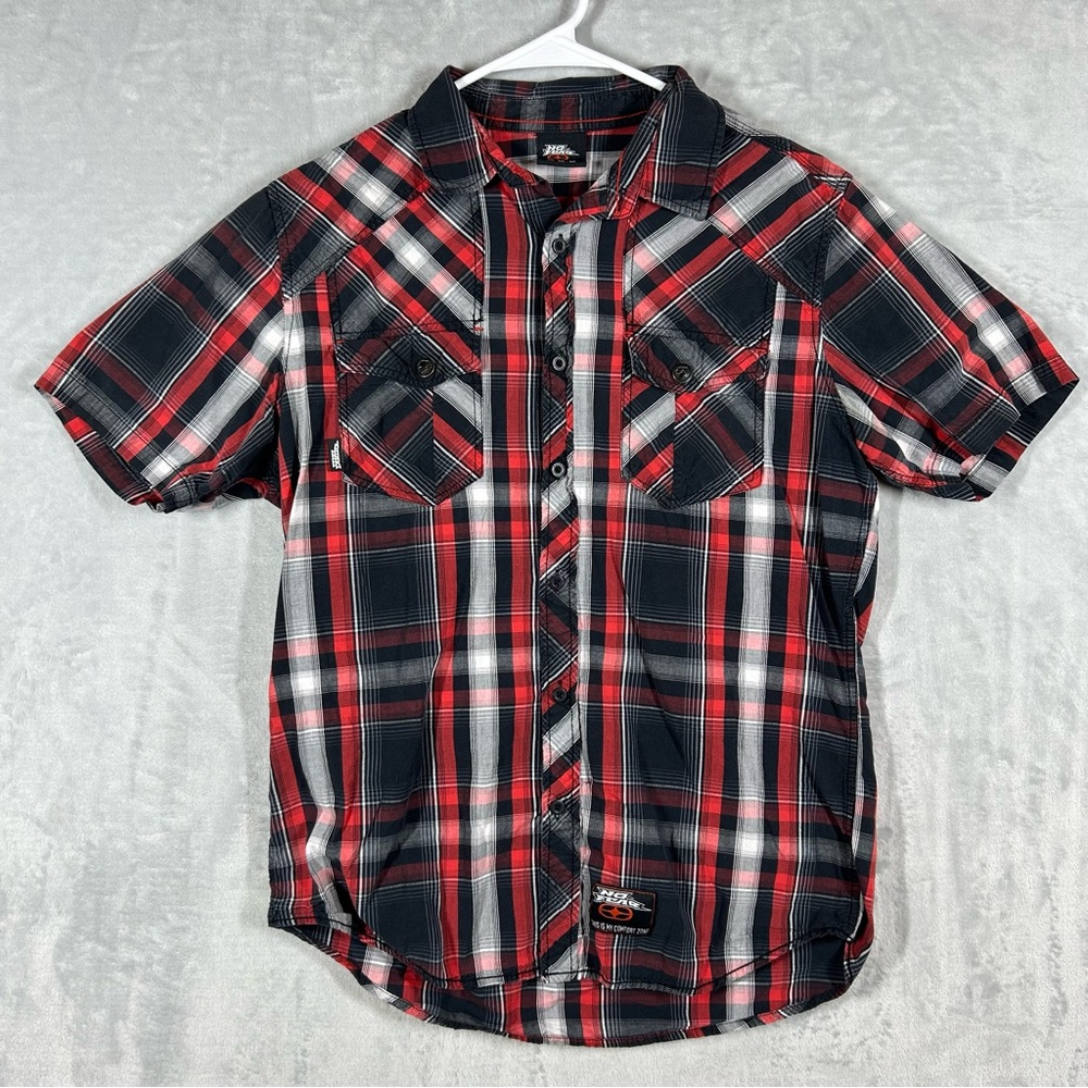 Men's Red Black Plaid Short-Sleeve Button-Down Shirt